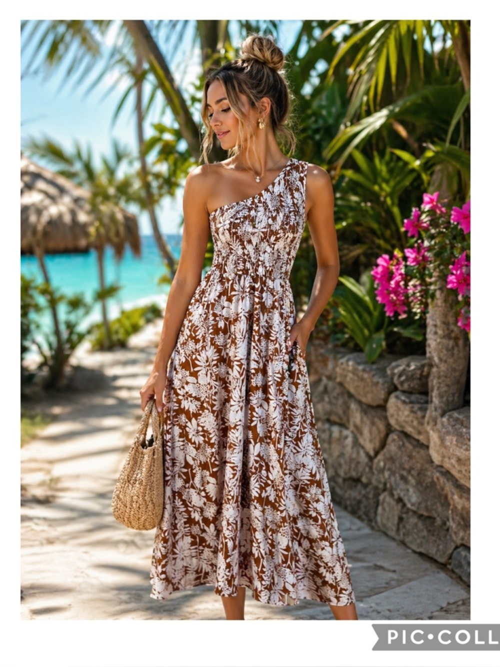 Aakaa Palm Print One Shoulder Smock Wide Leg Jumpsuit S Boho Summer Ginger White